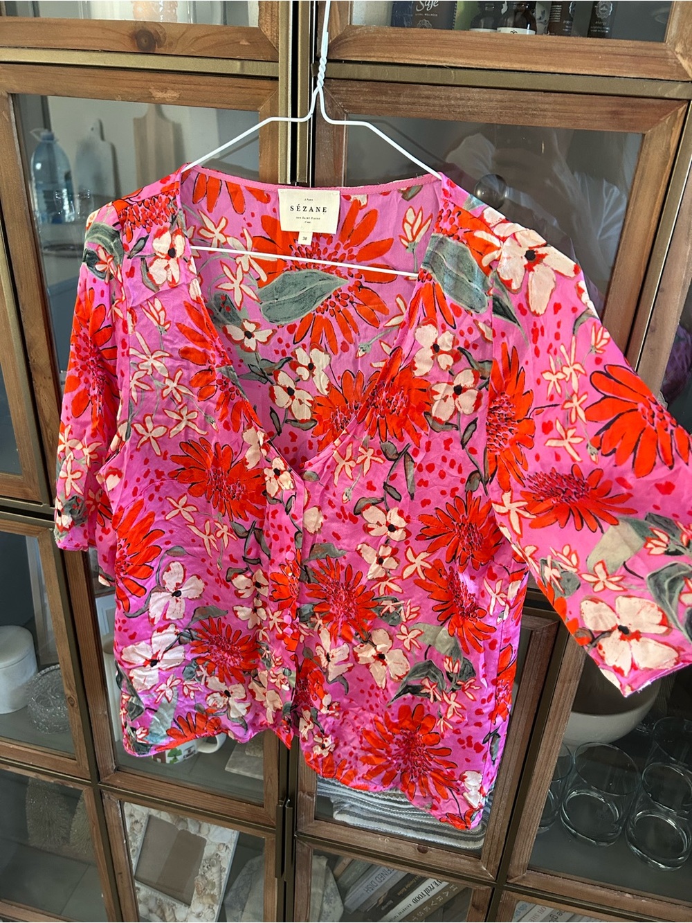 Sézane 100% Silk Pink Floral V-Neck Women's Blouse - Picture 2 of 14